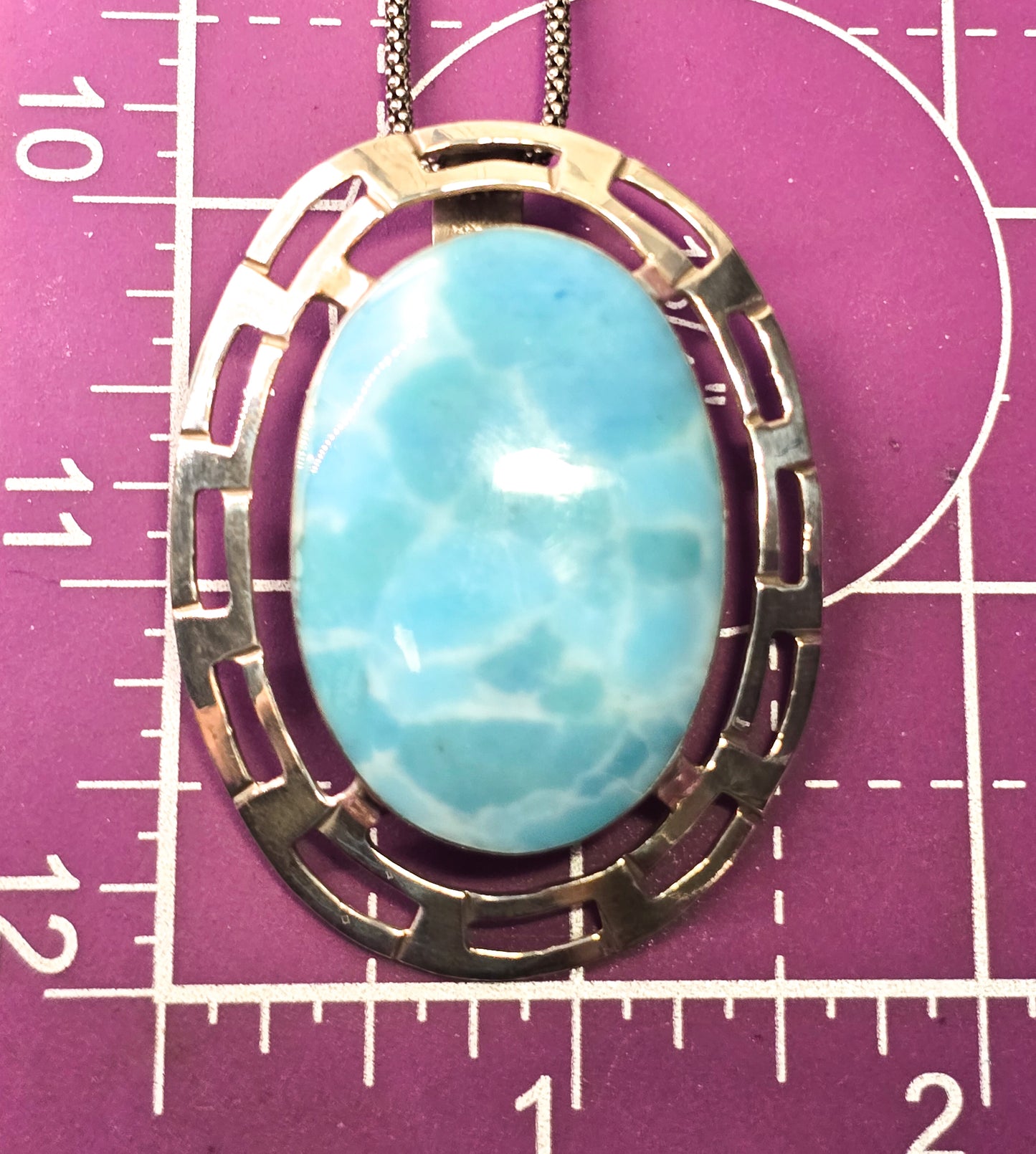 Larimar large Greek Key open work sterling silver pendant necklace