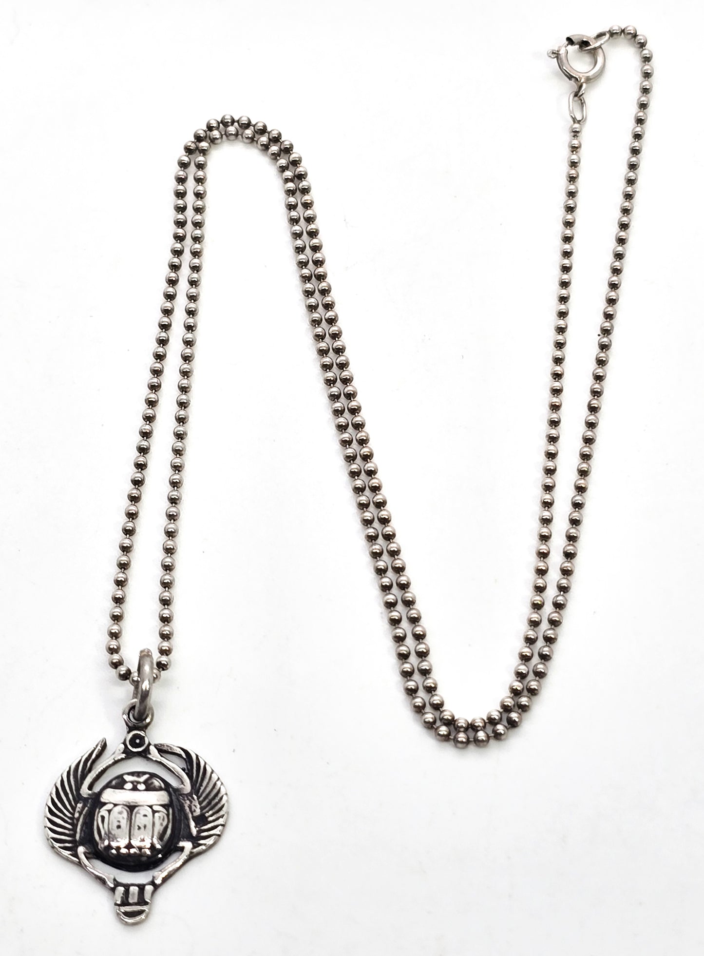 Egyptian Scarab Khepri winged beetle vintage sterling silver pendant necklace