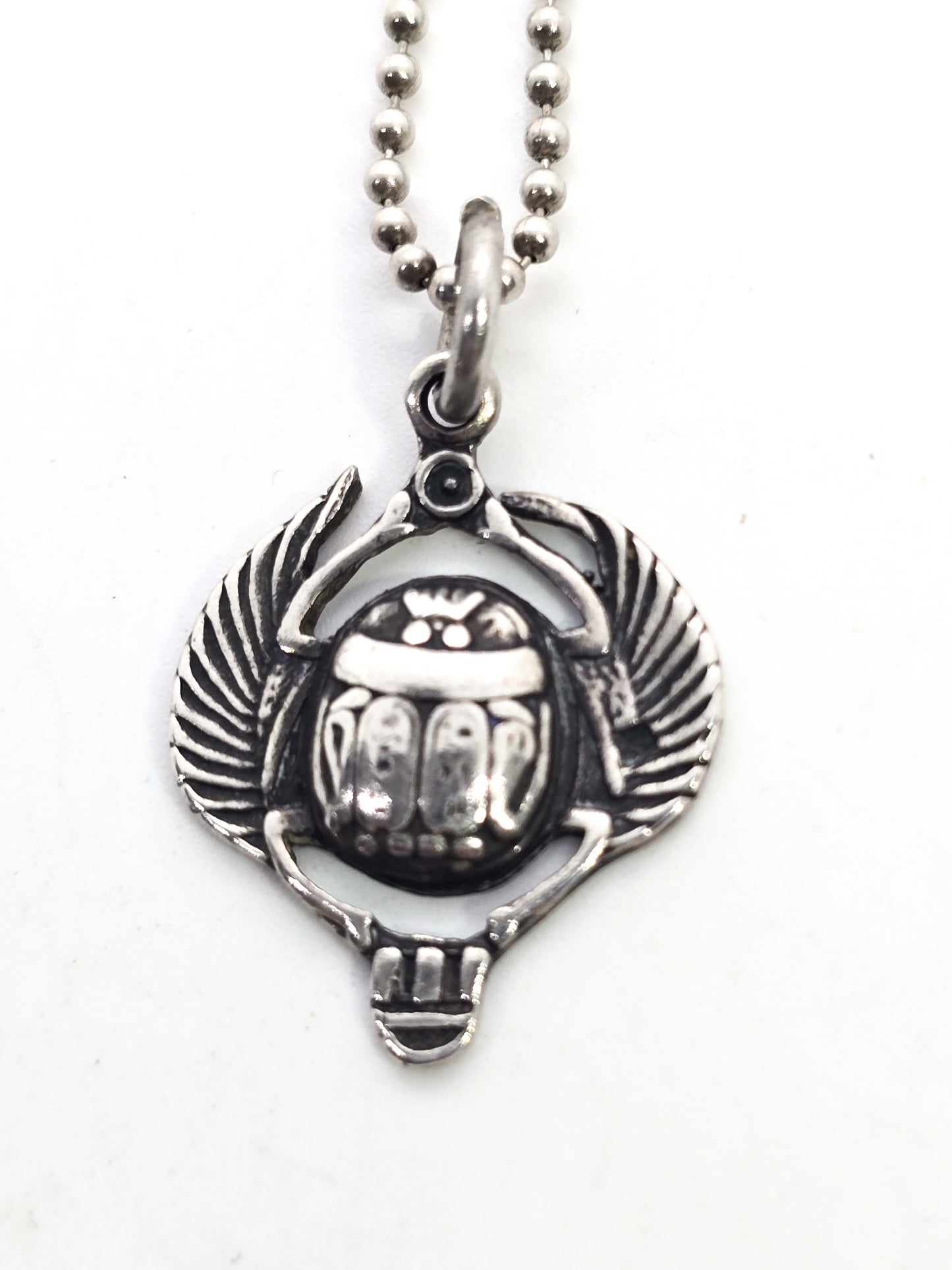 Egyptian Scarab Khepri winged beetle vintage sterling silver pendant necklace