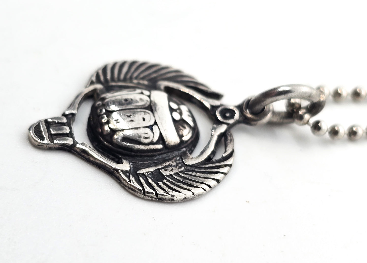 Egyptian Scarab Khepri winged beetle vintage sterling silver pendant necklace