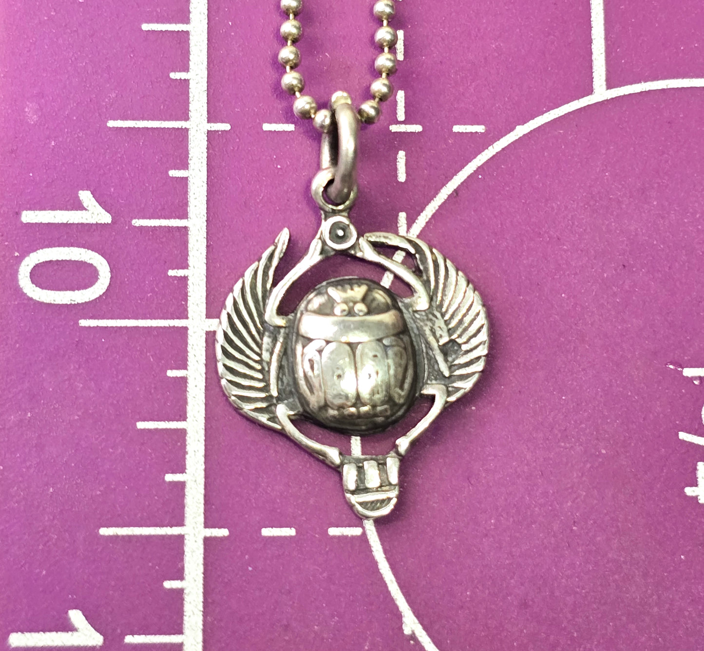Egyptian Scarab Khepri winged beetle vintage sterling silver pendant necklace