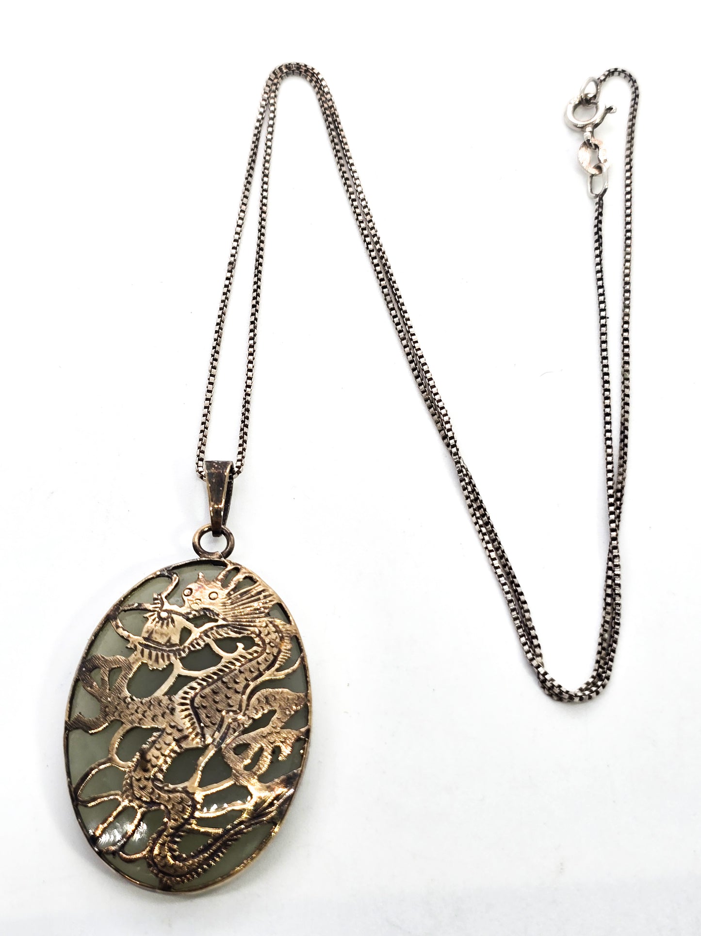 Chinese Dragon green nephrite jade vermeil gold over sterling silver vintage pendant necklace