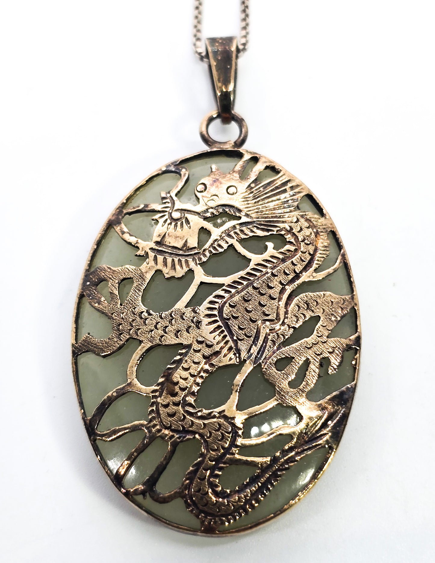 Chinese Dragon green nephrite jade vermeil gold over sterling silver vintage pendant necklace