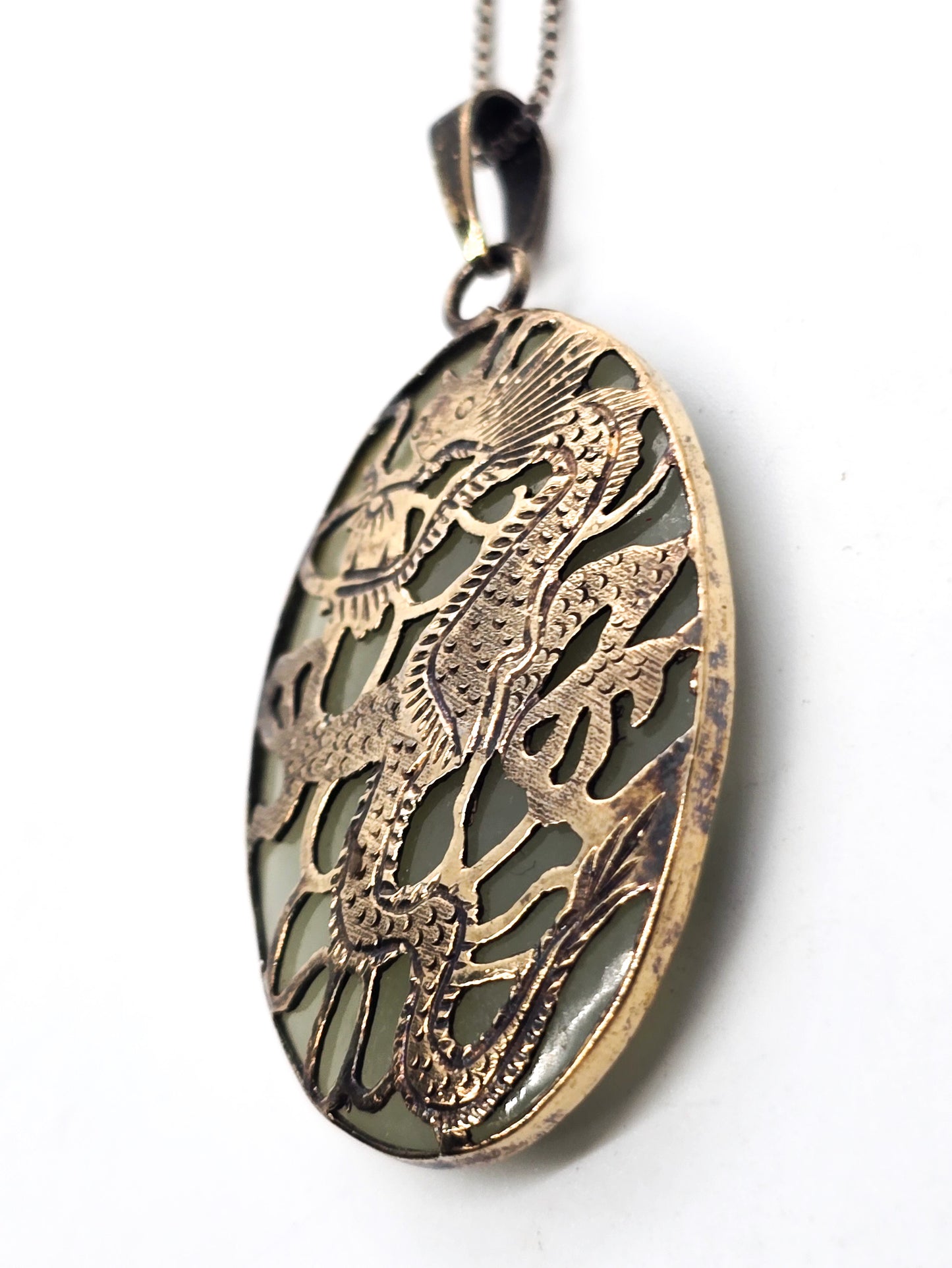 Chinese Dragon green nephrite jade vermeil gold over sterling silver vintage pendant necklace