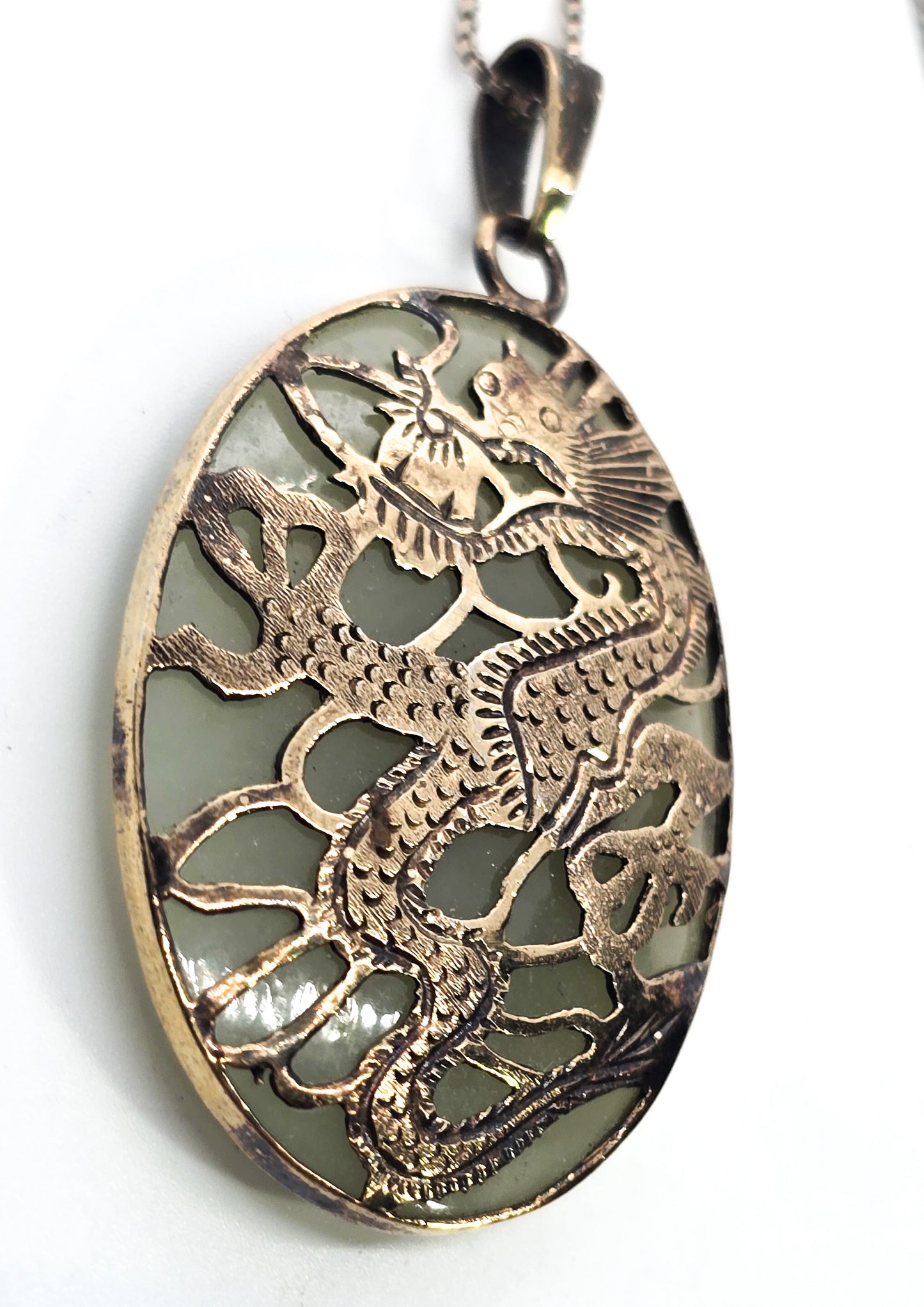 Chinese Dragon green nephrite jade vermeil gold over sterling silver vintage pendant necklace