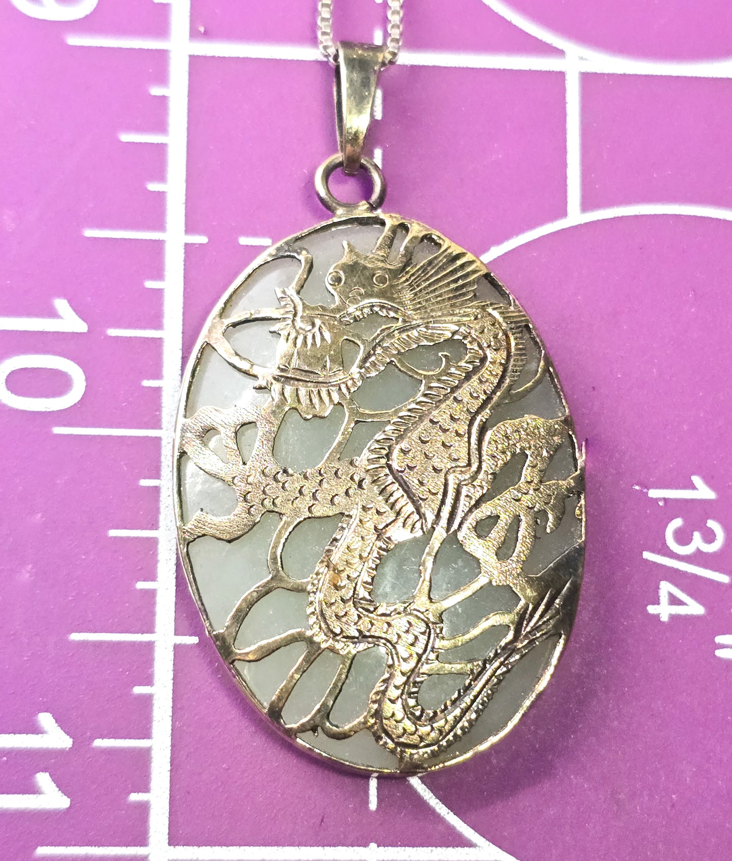 Chinese Dragon green nephrite jade vermeil gold over sterling silver vintage pendant necklace