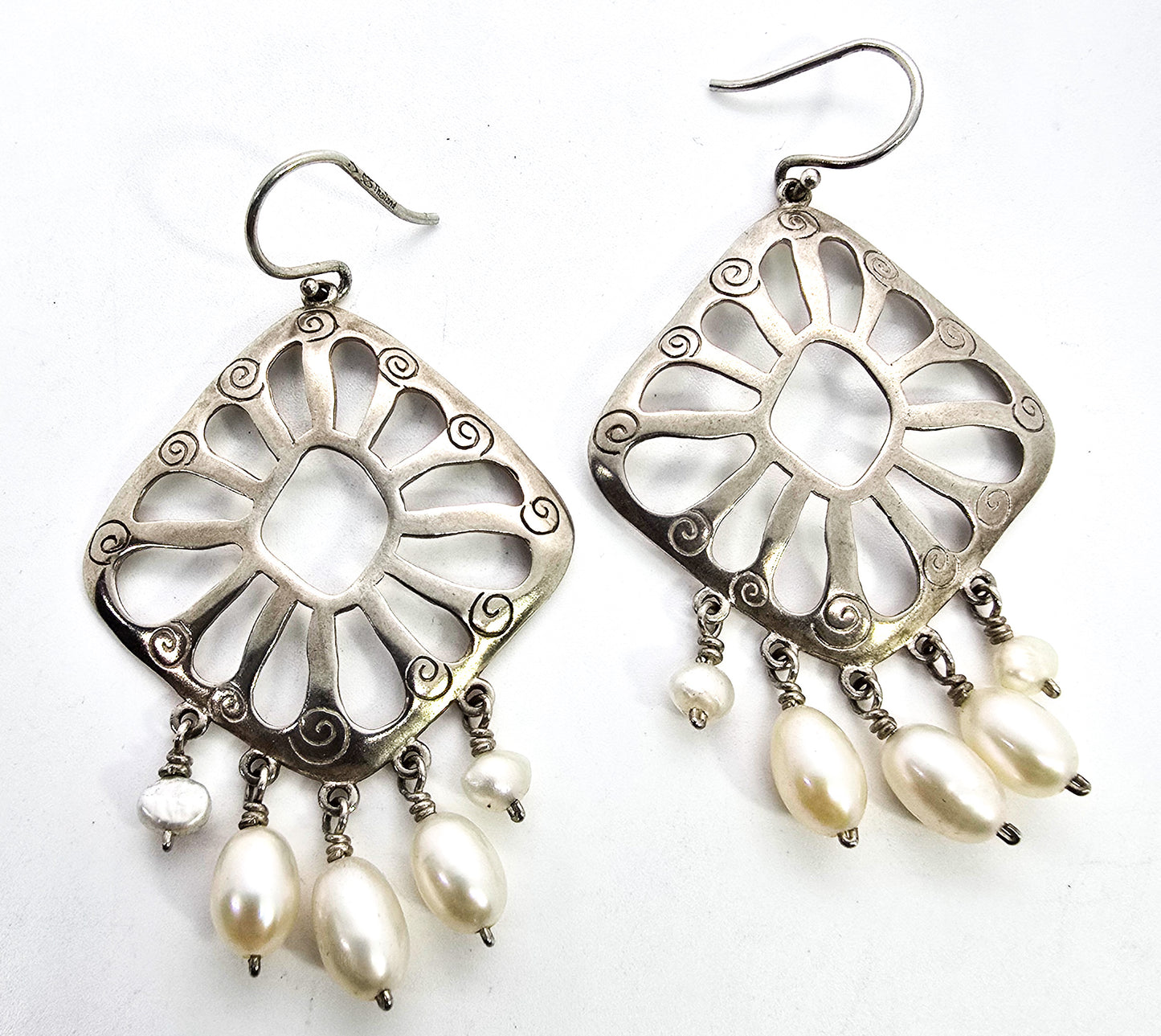 Silpada large open work sterling silver flower with pearl drop accent earrings retired W2165