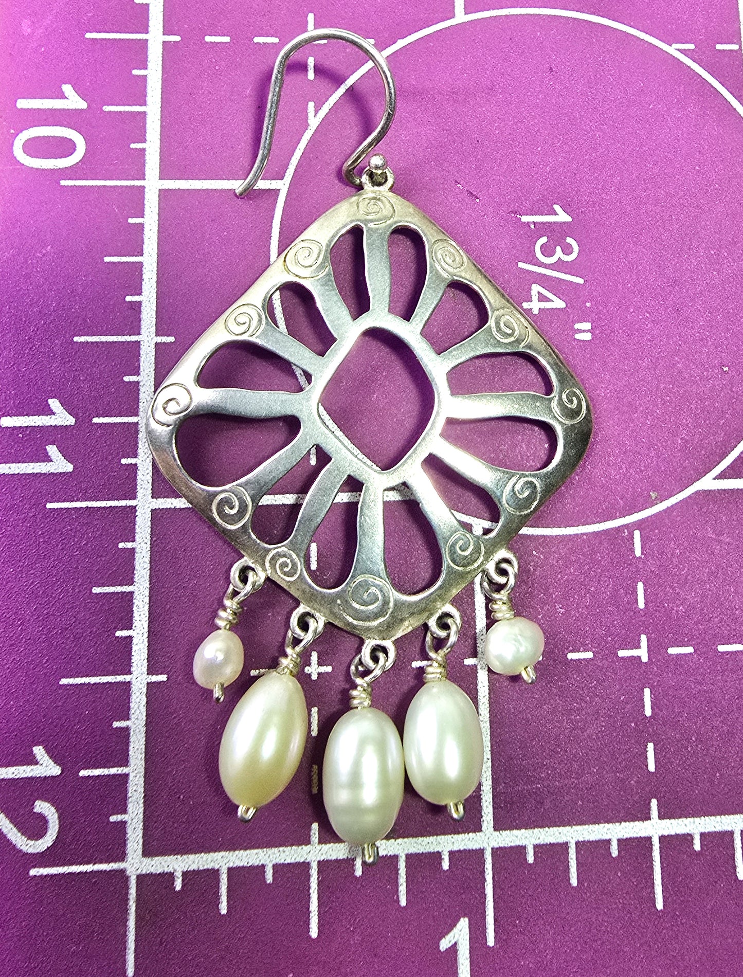 Silpada large open work sterling silver flower with pearl drop accent earrings retired W2165