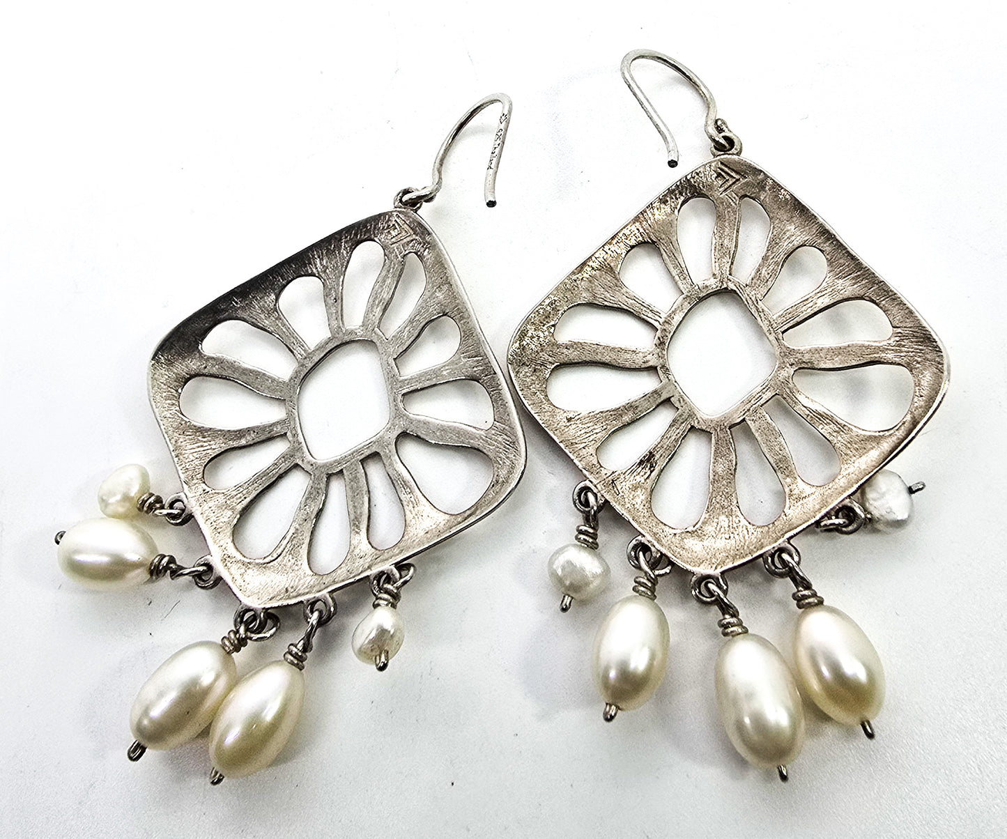 Silpada large open work sterling silver flower with pearl drop accent earrings retired W2165