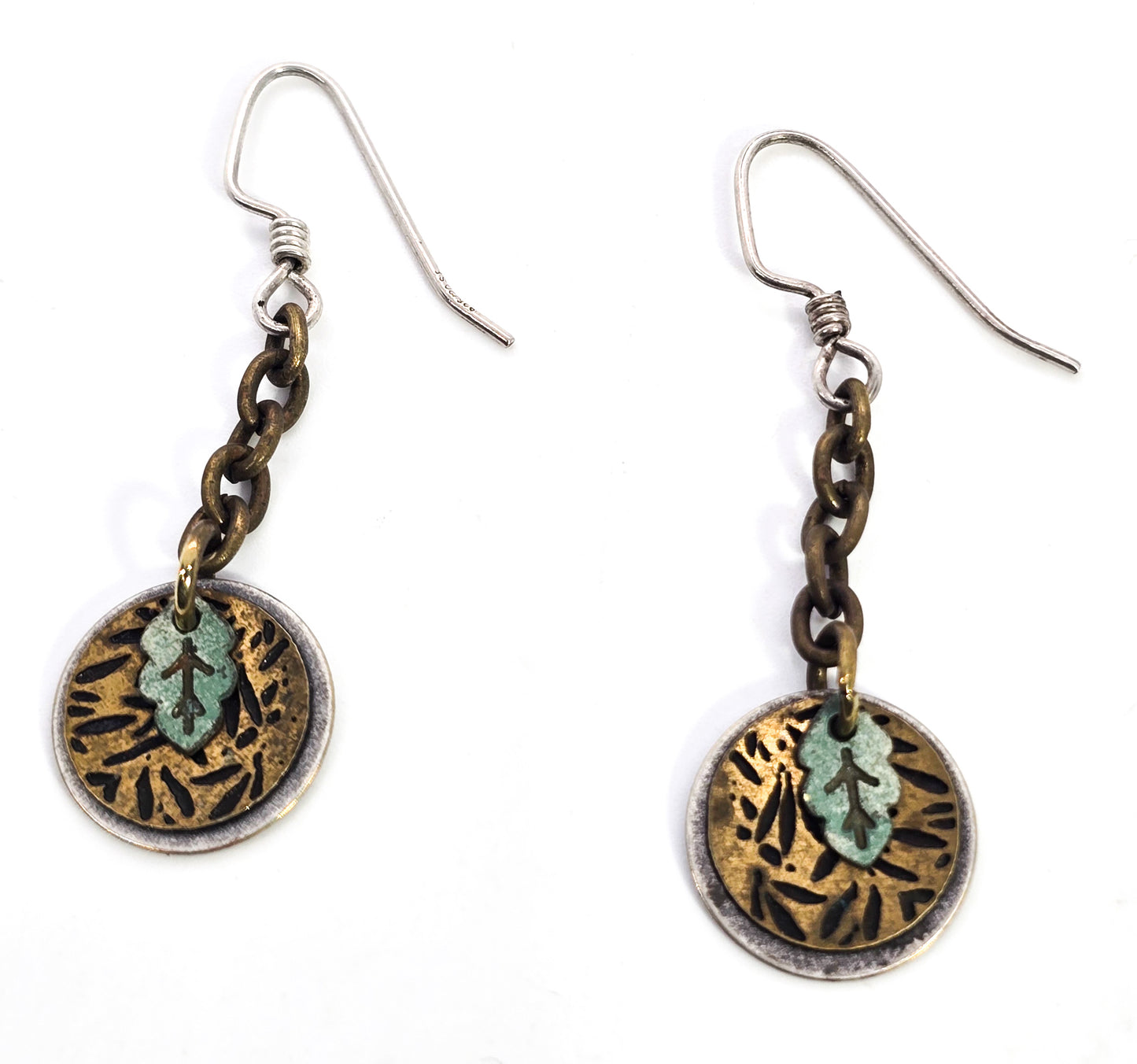 Back to nature mixed metal sterling silver brass oxidized leaf drop artisan earrings
