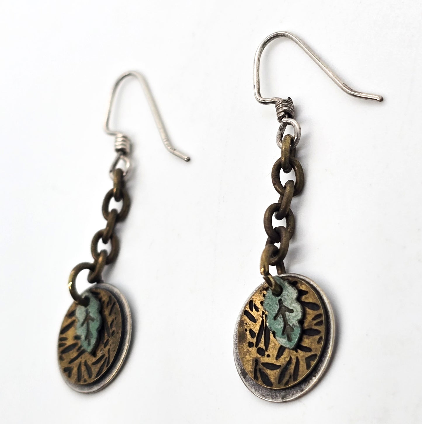 Back to nature mixed metal sterling silver brass oxidized leaf drop artisan earrings