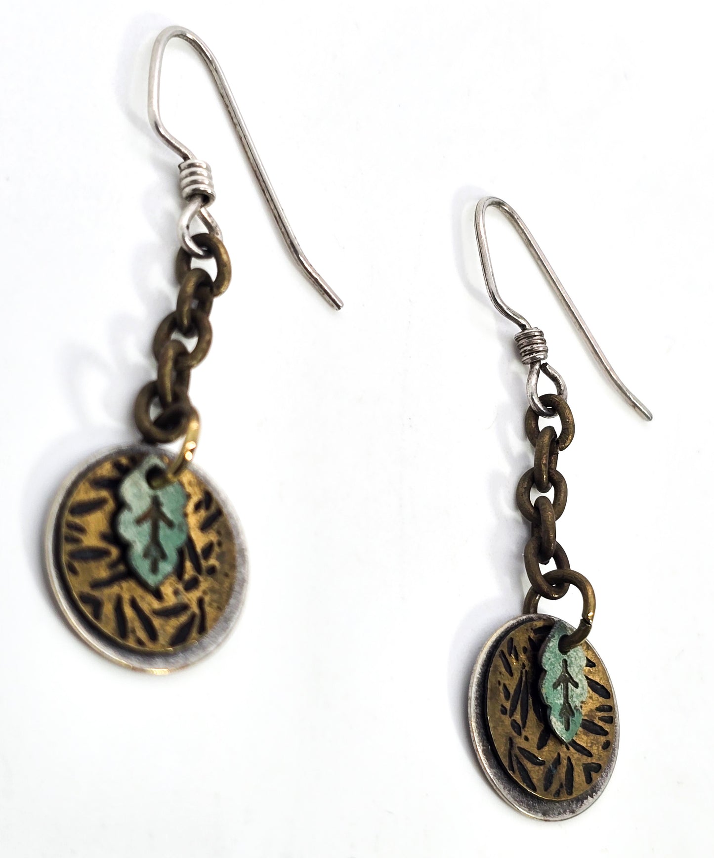 Back to nature mixed metal sterling silver brass oxidized leaf drop artisan earrings