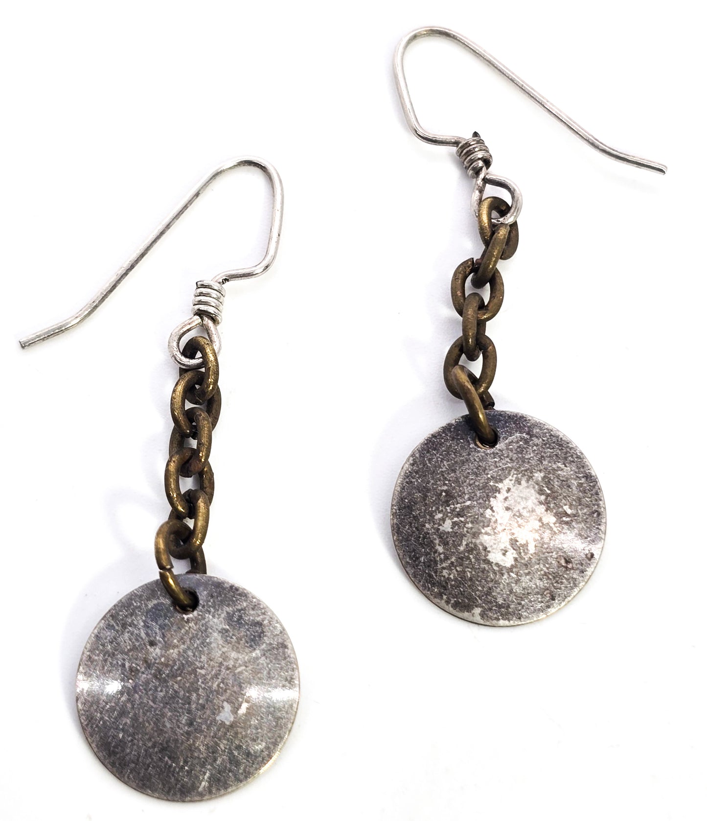 Back to nature mixed metal sterling silver brass oxidized leaf drop artisan earrings