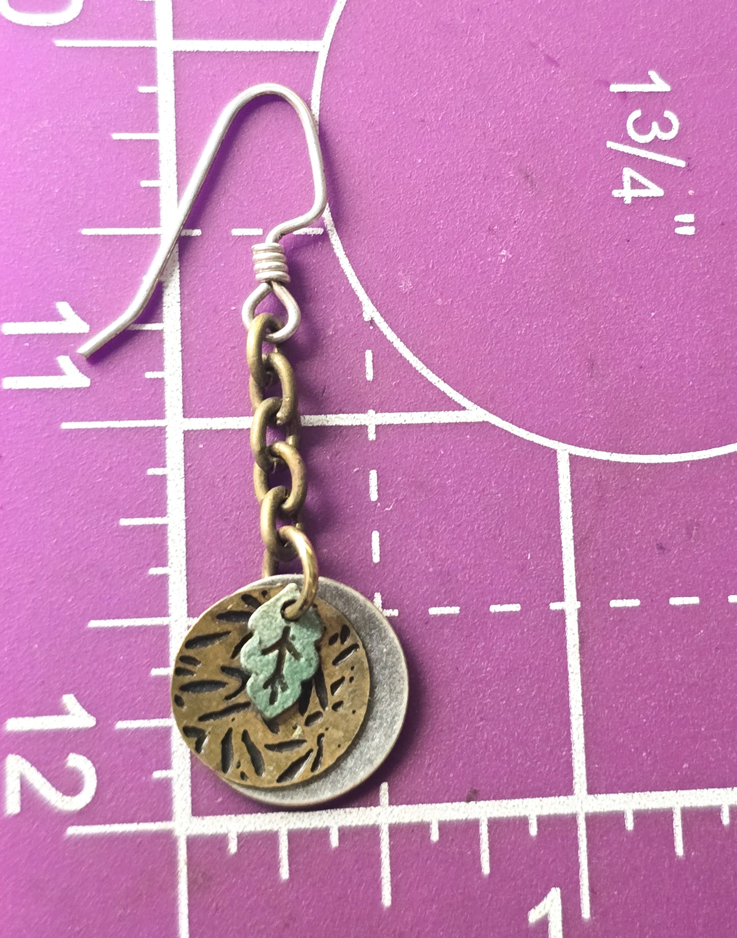 Back to nature mixed metal sterling silver brass oxidized leaf drop artisan earrings