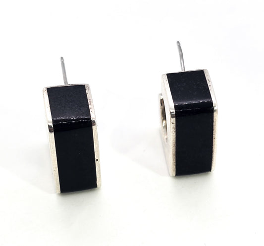Mexican onyx inlay thick cubed sterling silver vintage hoop earrings