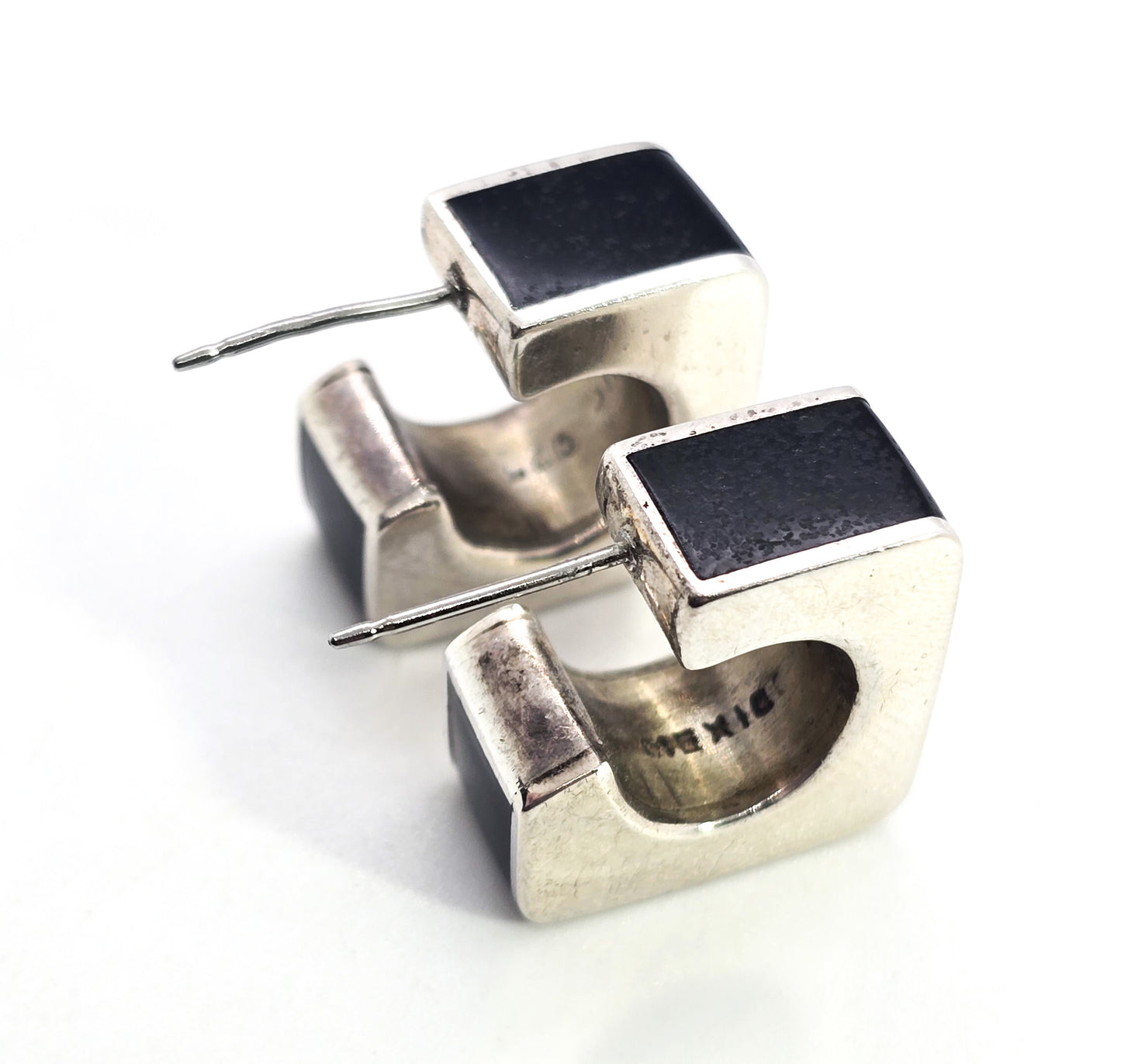 Mexican onyx inlay thick cubed sterling silver vintage hoop earrings