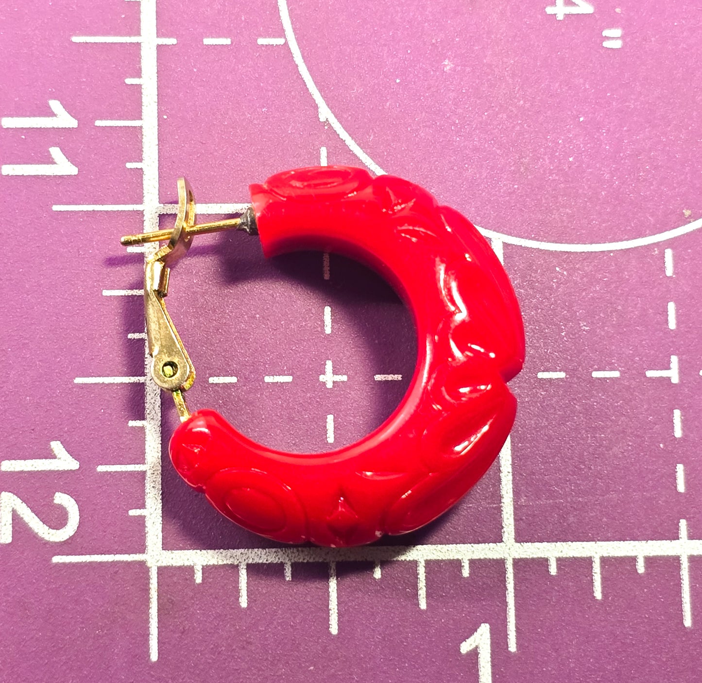 Trifari Cherry Red Lucite thick molded hoop signed earrings