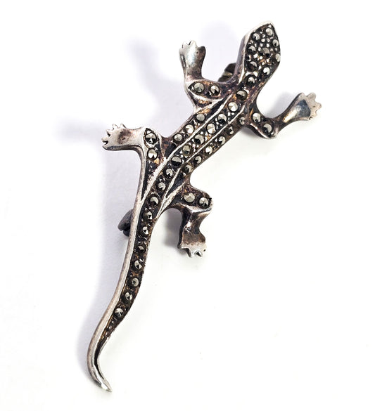 Marasite lizard reptile vintage sterling silver red eyed brooch