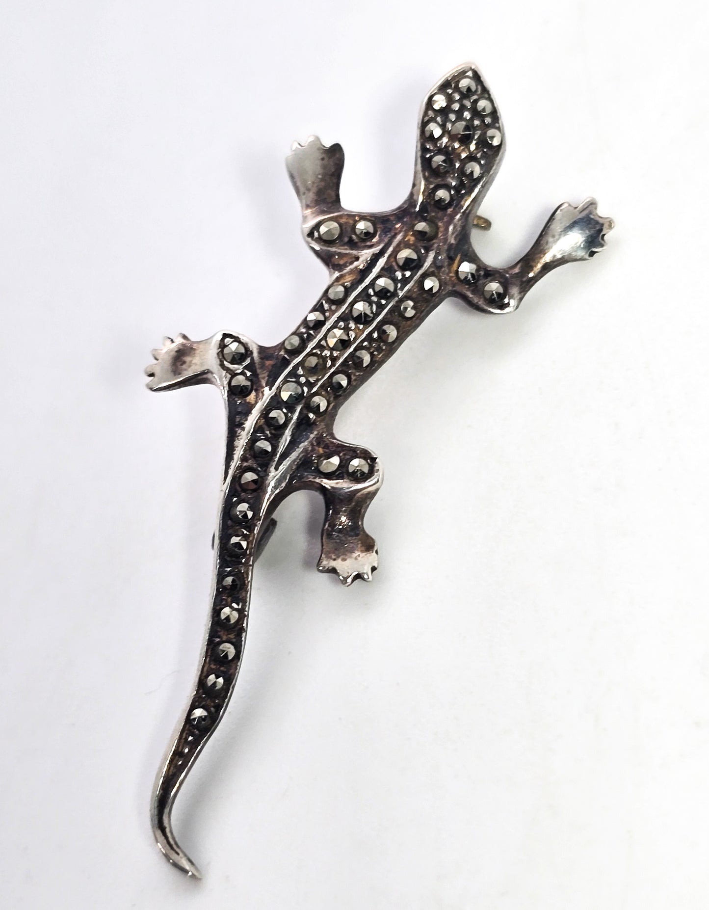Marasite lizard reptile vintage sterling silver red eyed brooch