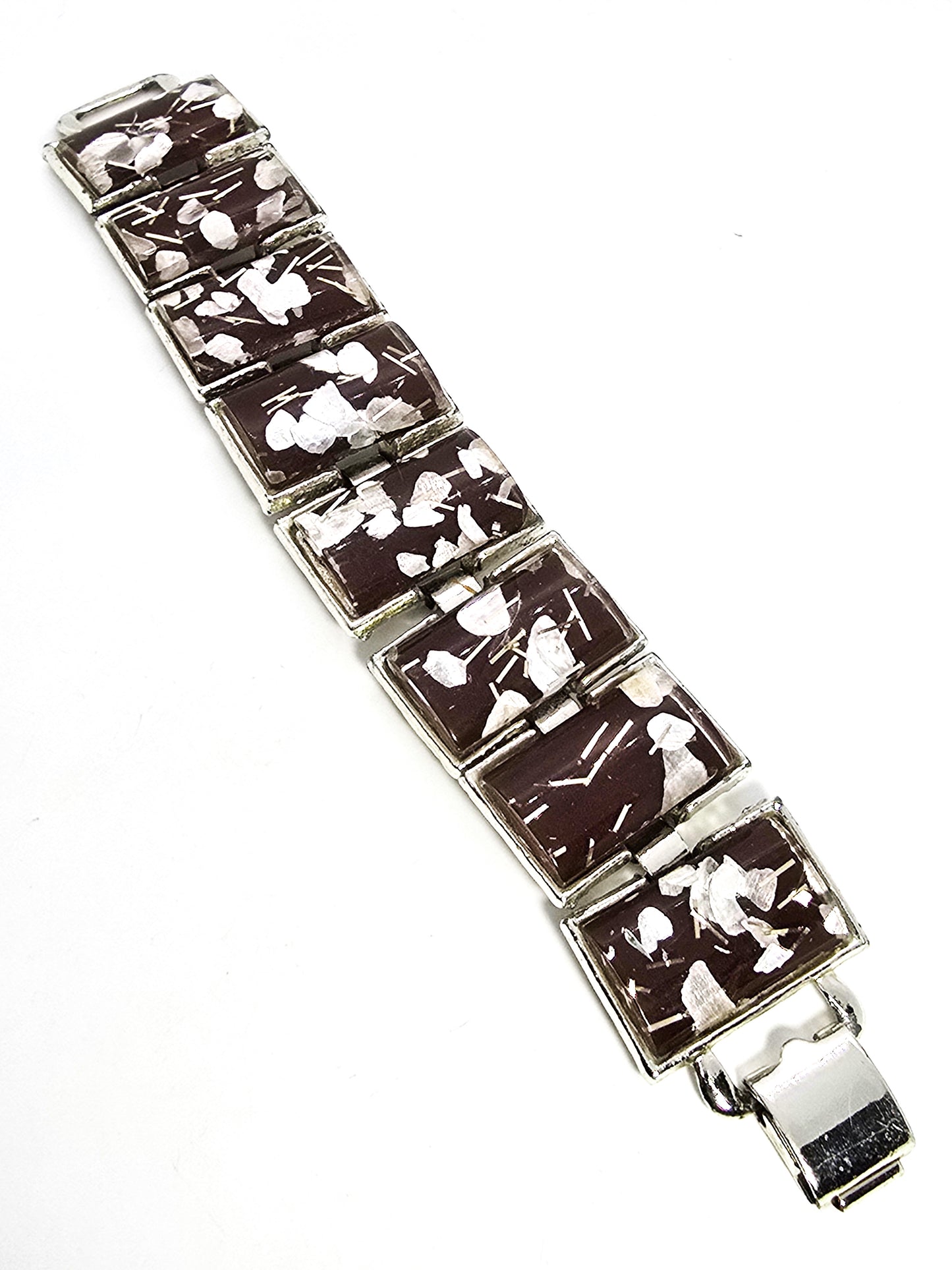 Confetti Lucite vintage retro brown chunky thick panel bracelet 7 inches
