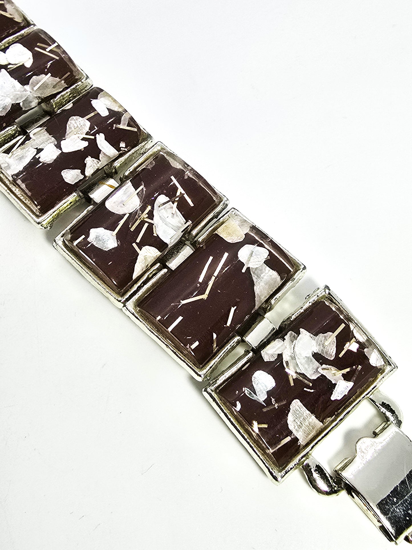 Confetti Lucite vintage retro brown chunky thick panel bracelet 7 inches