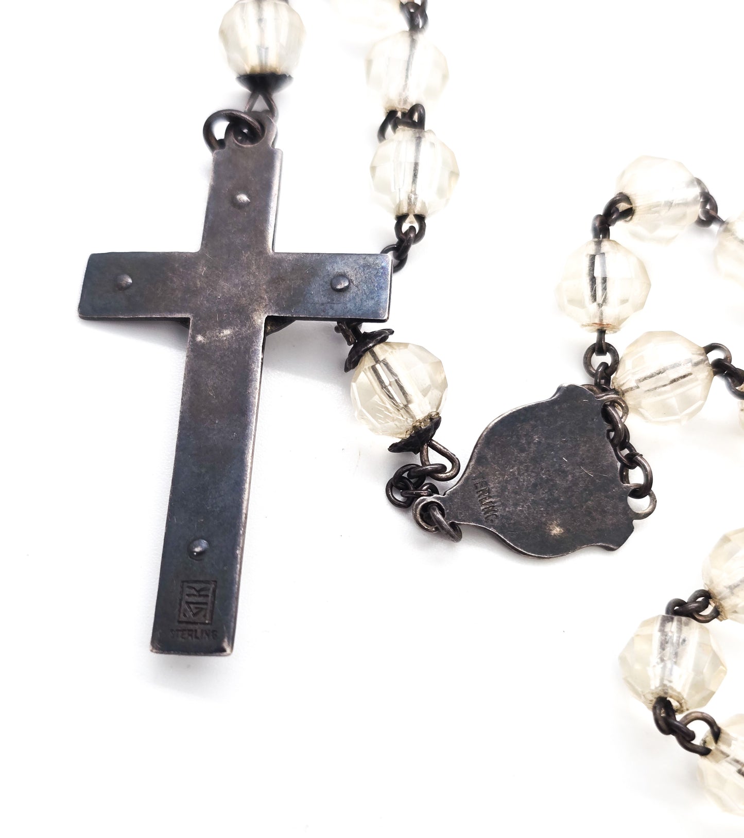 Catholic Rosary Sterling silver Crucifix clear crystal vintage rosary