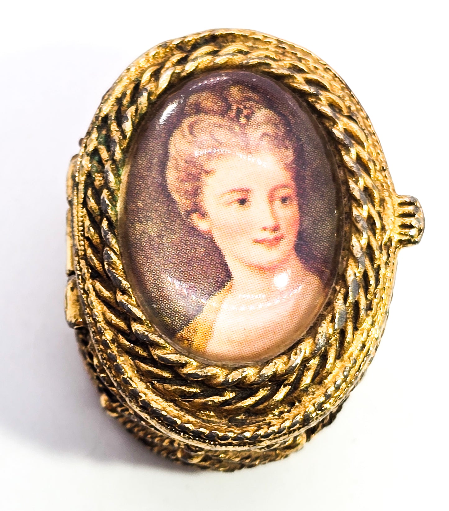 Golden Victorian Revival ornate snuff box cameo lady portrait miniature trinket ring box