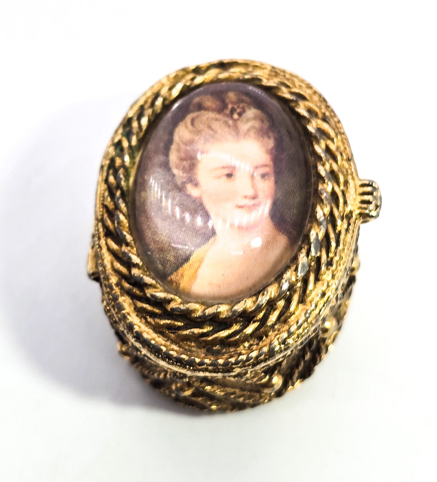 Golden Victorian Revival ornate snuff box cameo lady portrait miniature trinket ring box