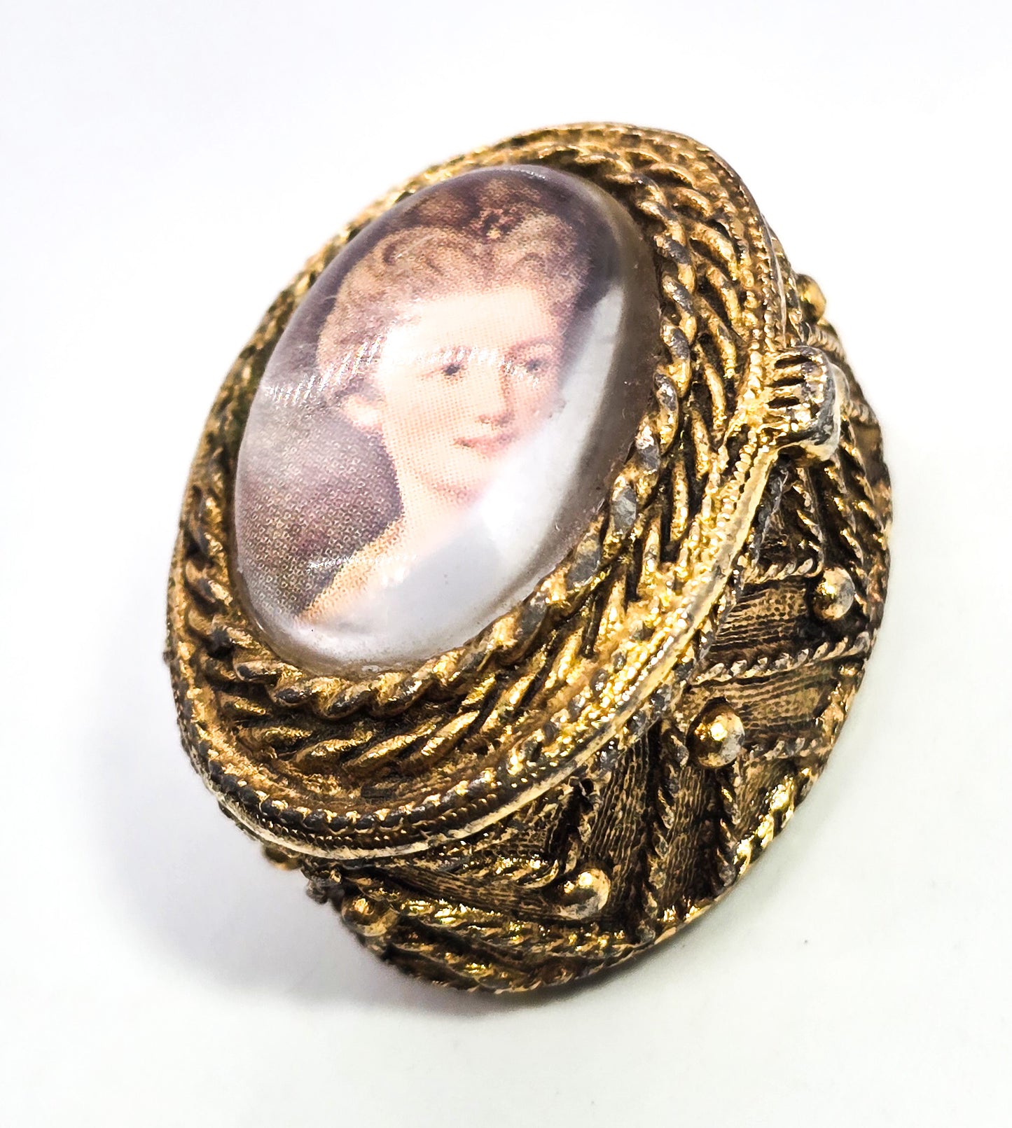 Golden Victorian Revival ornate snuff box cameo lady portrait miniature trinket ring box