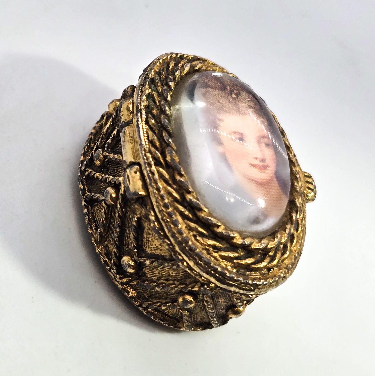 Golden Victorian Revival ornate snuff box cameo lady portrait miniature trinket ring box