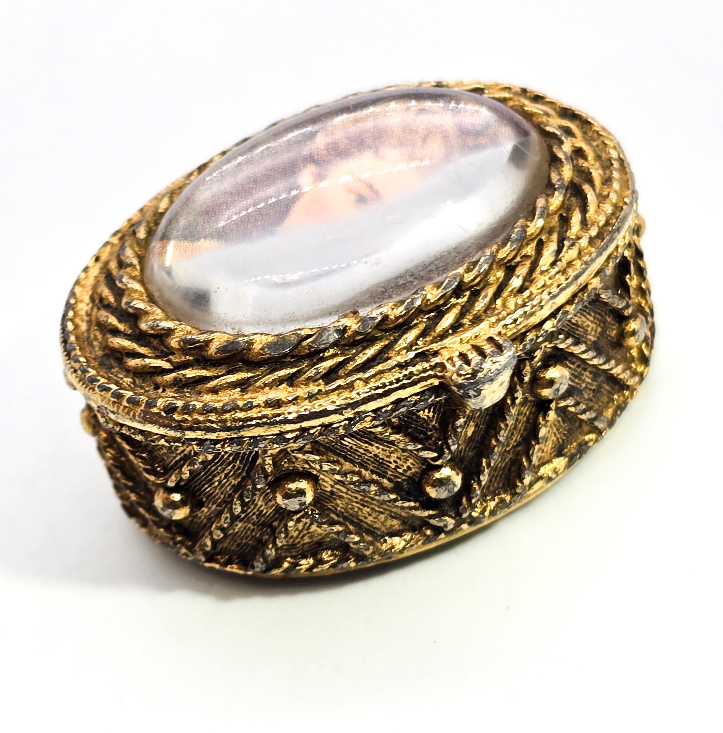Golden Victorian Revival ornate snuff box cameo lady portrait miniature trinket ring box