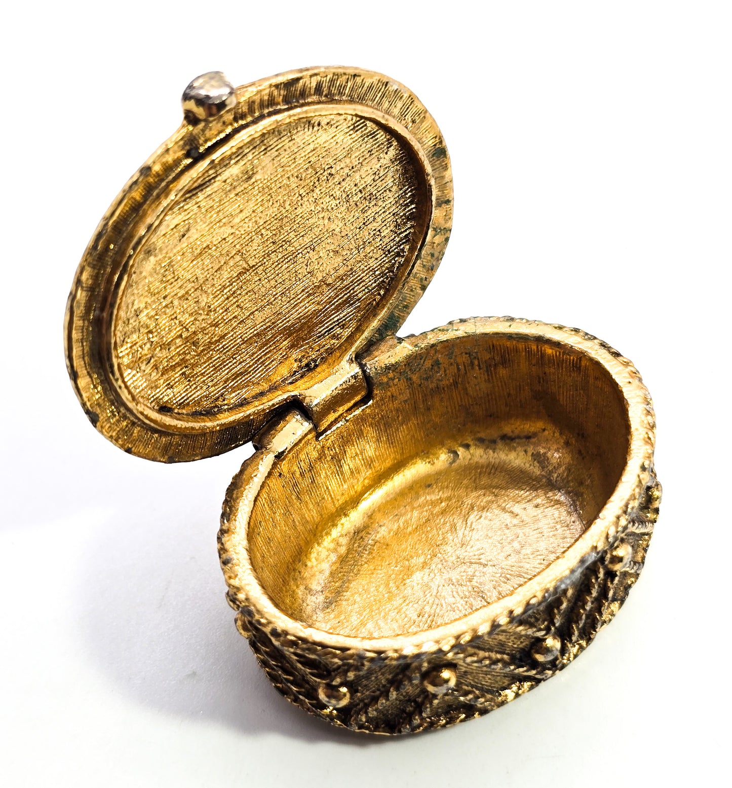 Golden Victorian Revival ornate snuff box cameo lady portrait miniature trinket ring box