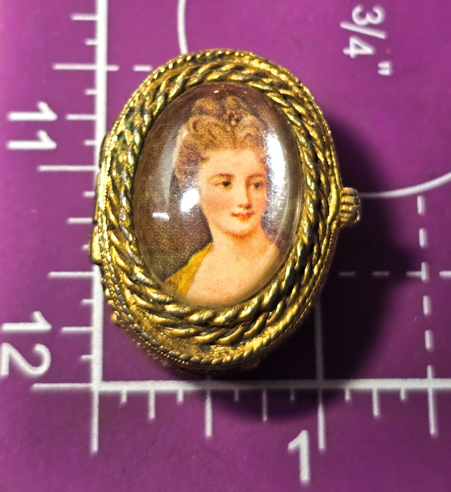 Golden Victorian Revival ornate snuff box cameo lady portrait miniature trinket ring box