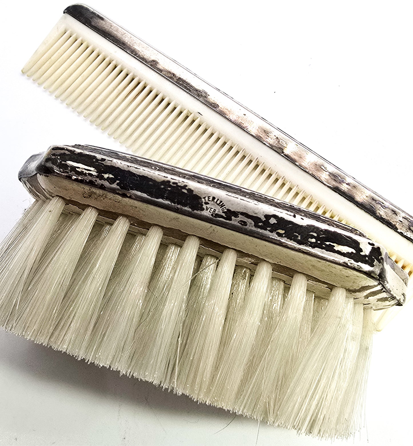 Web Sterling Antique Brush and comb set sterling silver topped baby brush combo