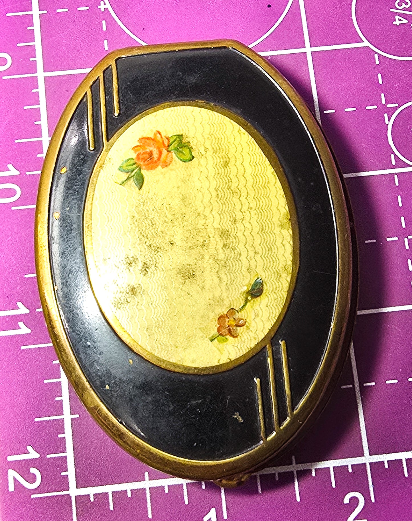 Antique Mid century retro pin up rose oval compact purse mirror