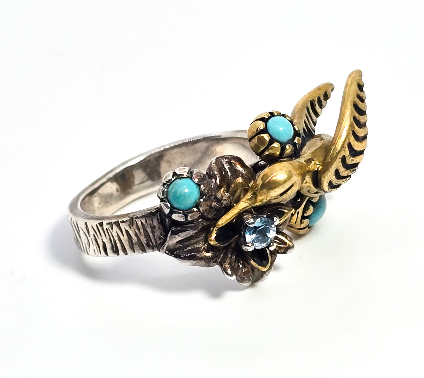 Relios Carolyn Pollak Humming bird turquoise blue topaz sterling silver brass ring size 8