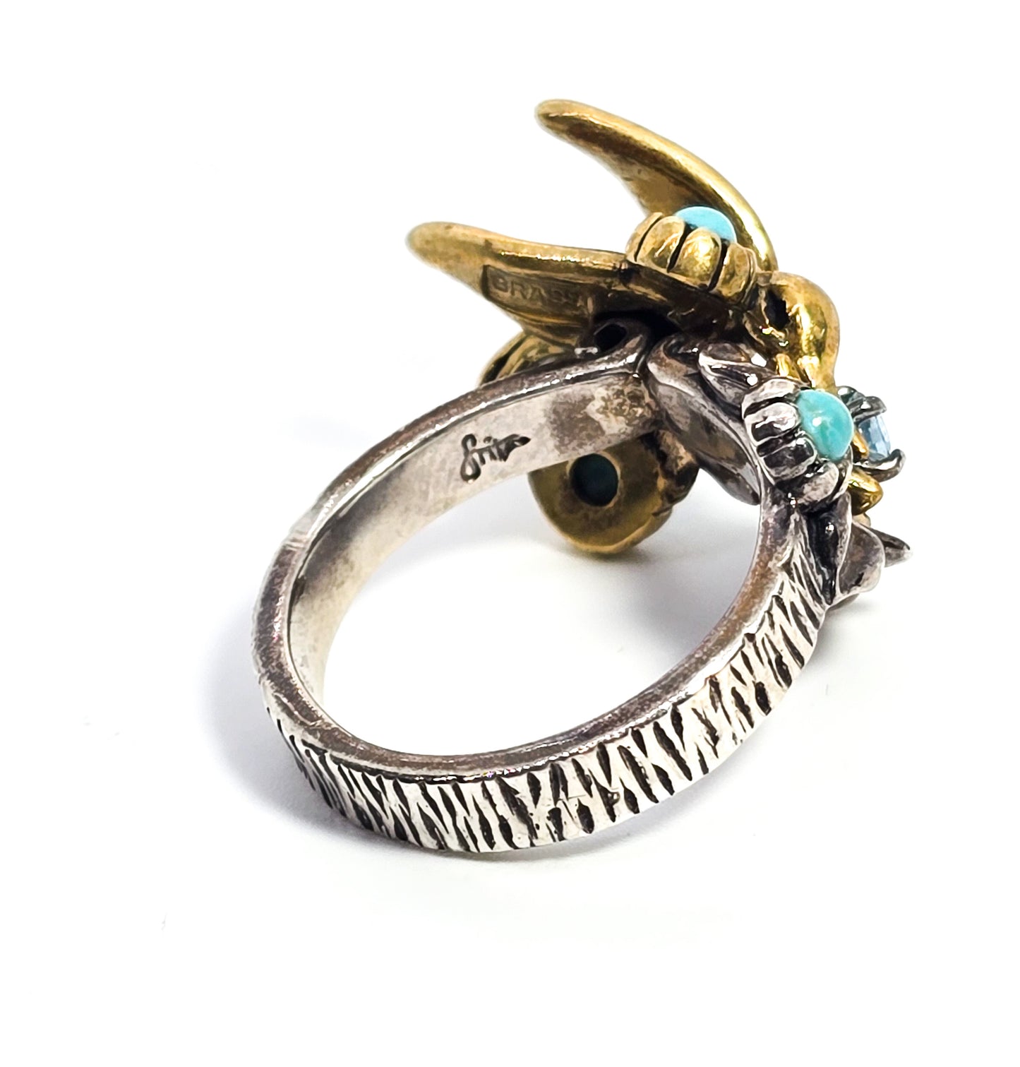 Relios Carolyn Pollak Humming bird turquoise blue topaz sterling silver brass ring size 8