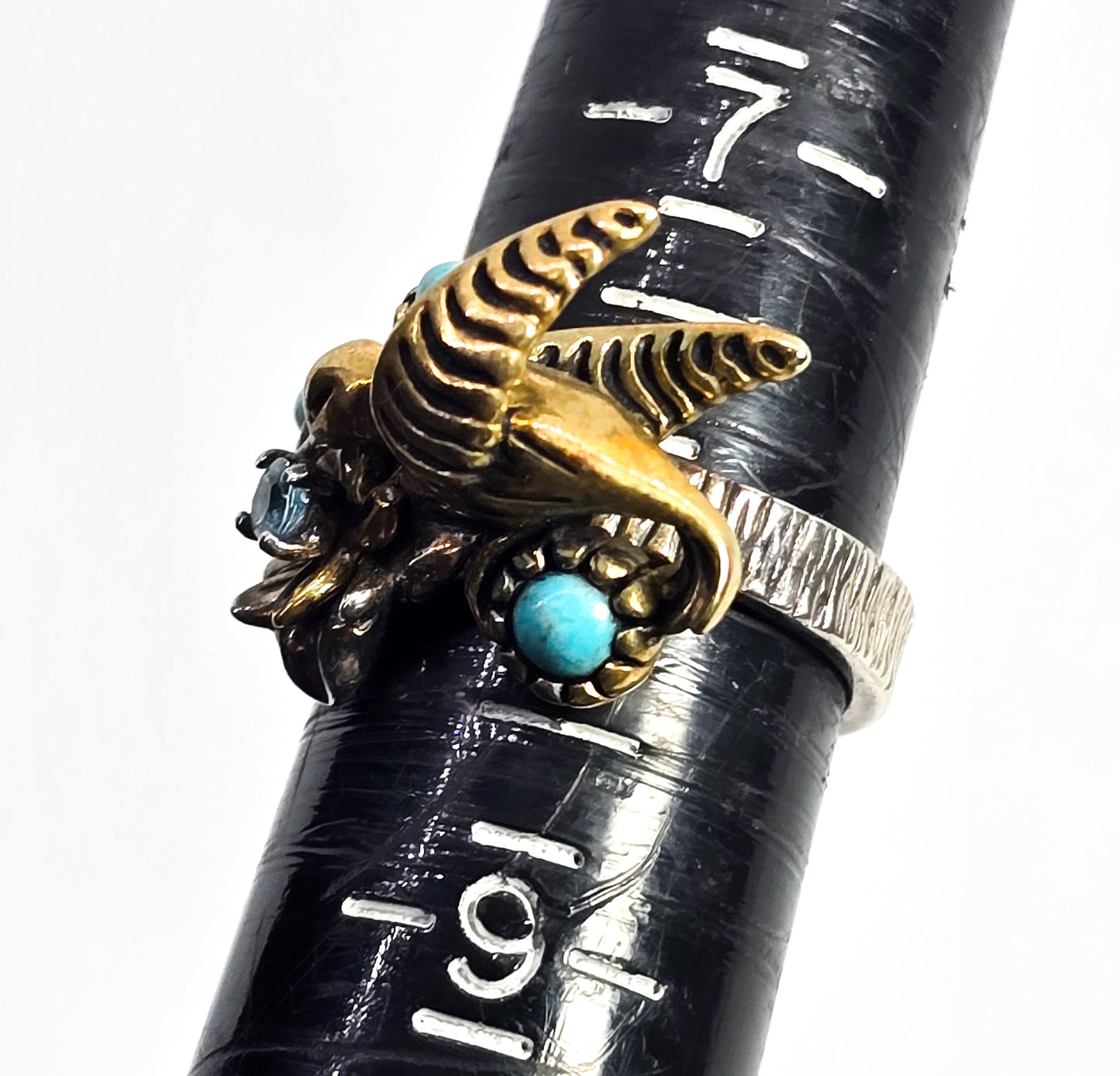 Relios Carolyn Pollak Humming bird turquoise blue topaz sterling silver brass ring size 8