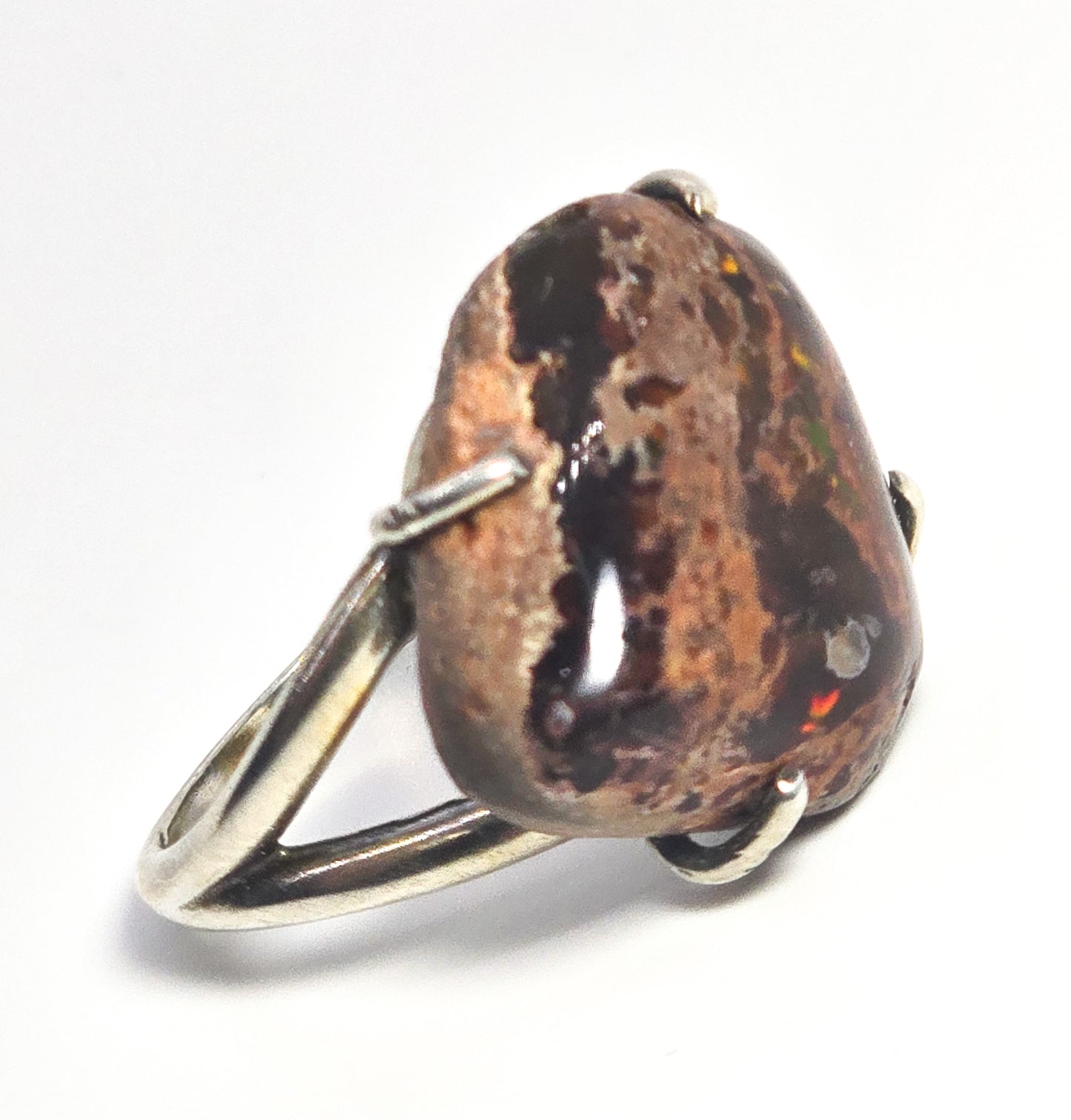 Mexican fire opal natural polished sterling silver artisan split shank large ring size 10