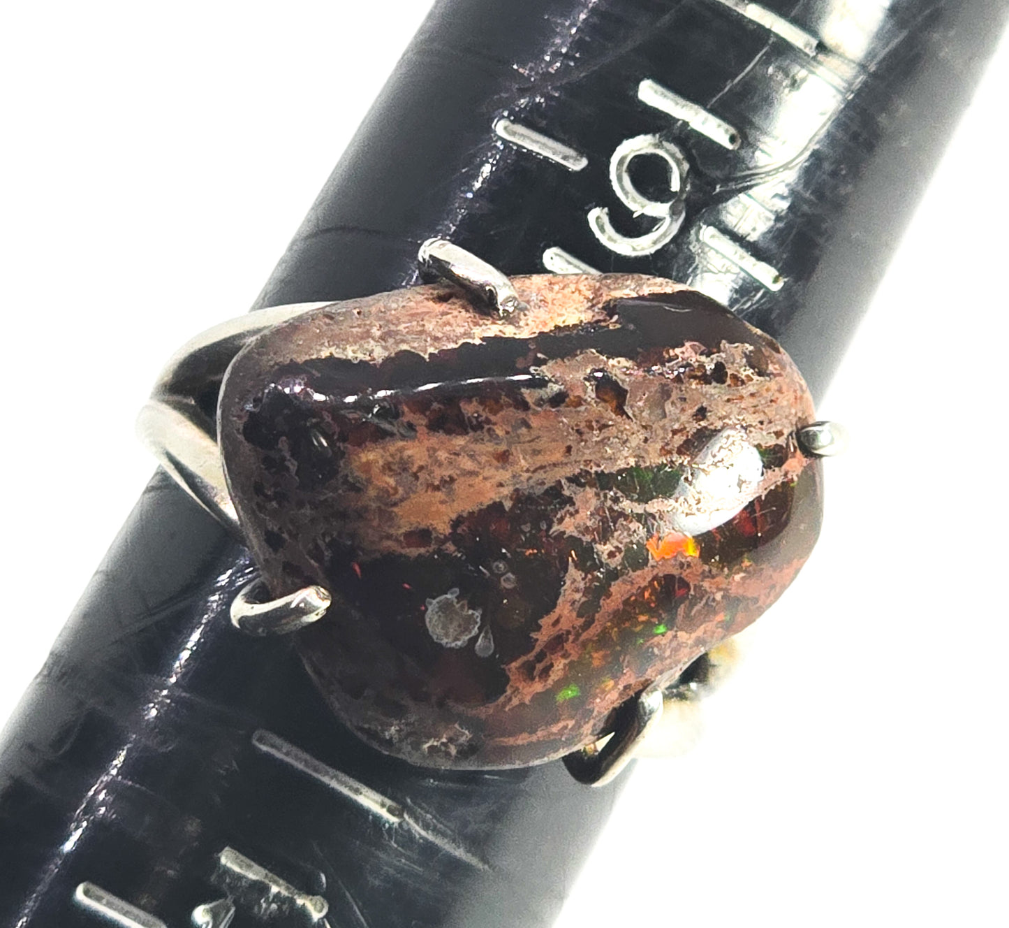 Mexican fire opal natural polished sterling silver artisan split shank large ring size 10