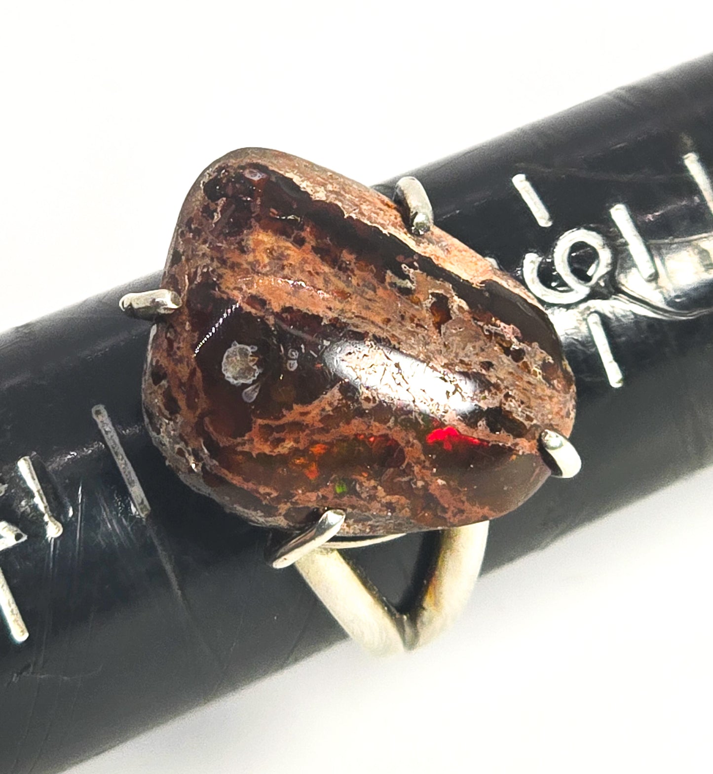 Mexican fire opal natural polished sterling silver artisan split shank large ring size 10