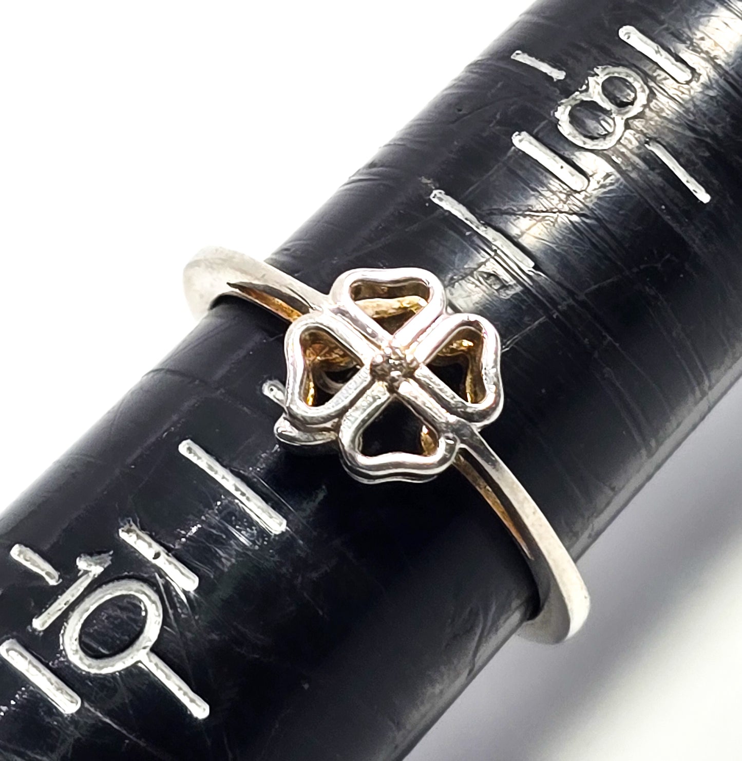Lucky Four Leaf Clover open work Diamond chip NV sterling silver ring size 9
