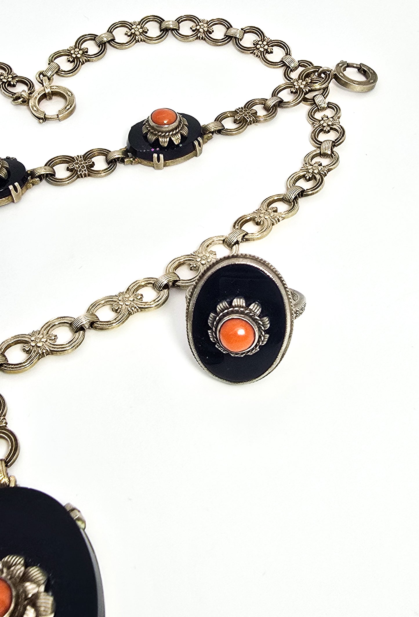 Art Deco black onyx and sponge coral sterling silver Demi Parure antique set 4 piece
