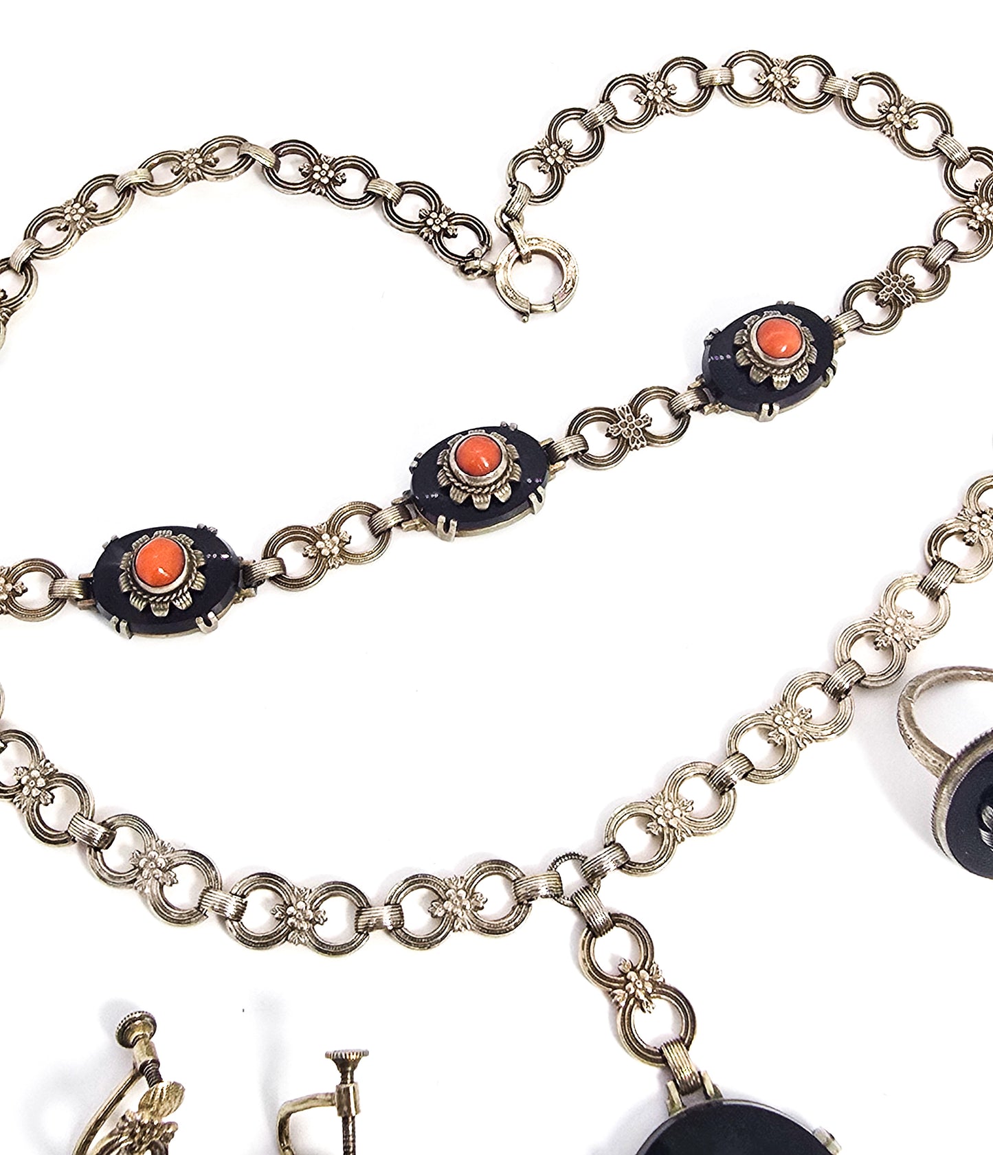 Art Deco black onyx and sponge coral sterling silver Demi Parure antique set 4 piece