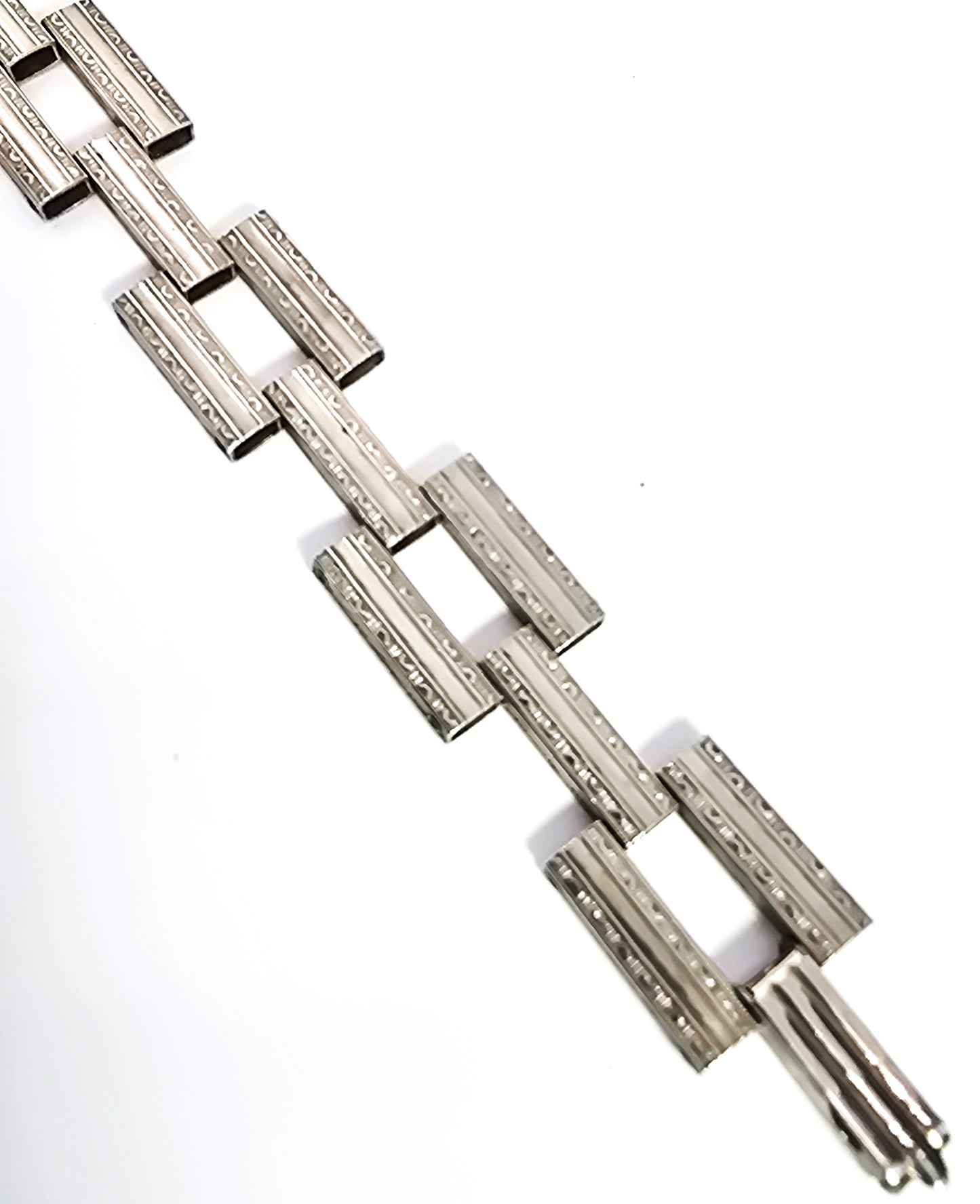 Art Deco embossed flower articulated chain link antique sterling silver bracelet