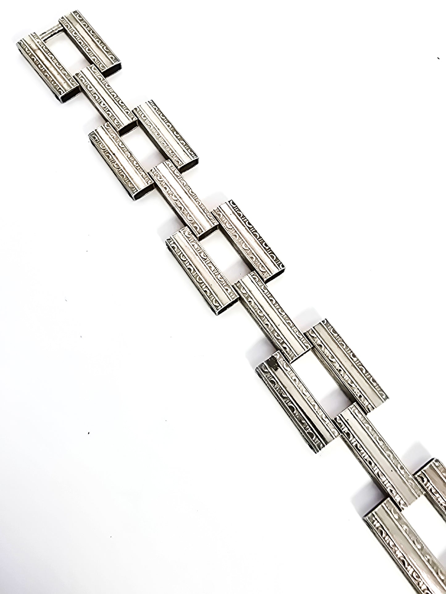 Art Deco embossed flower articulated chain link antique sterling silver bracelet