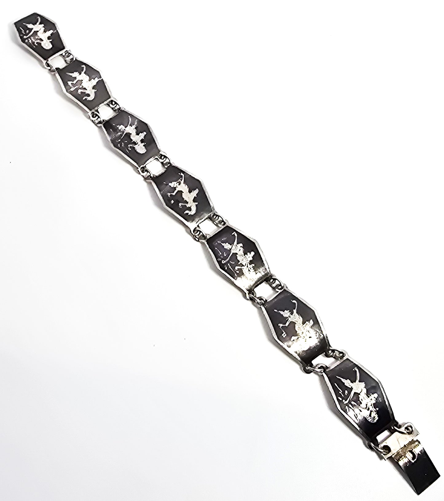 Siam Black Nielloware enamel Mekkala lightening goddess vintage sterling silver bracelet CS