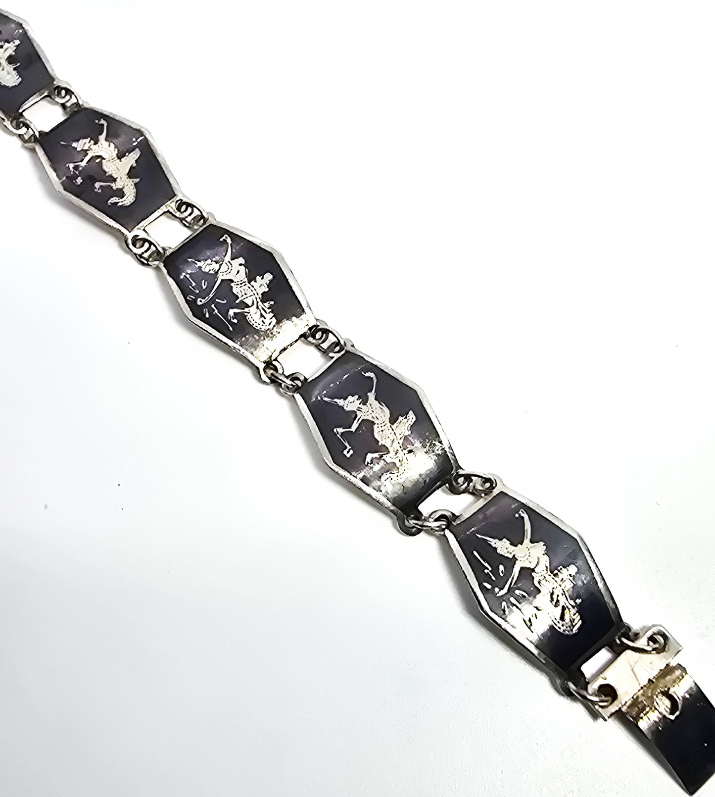 Siam Black Nielloware enamel Mekkala lightening goddess vintage sterling silver bracelet CS