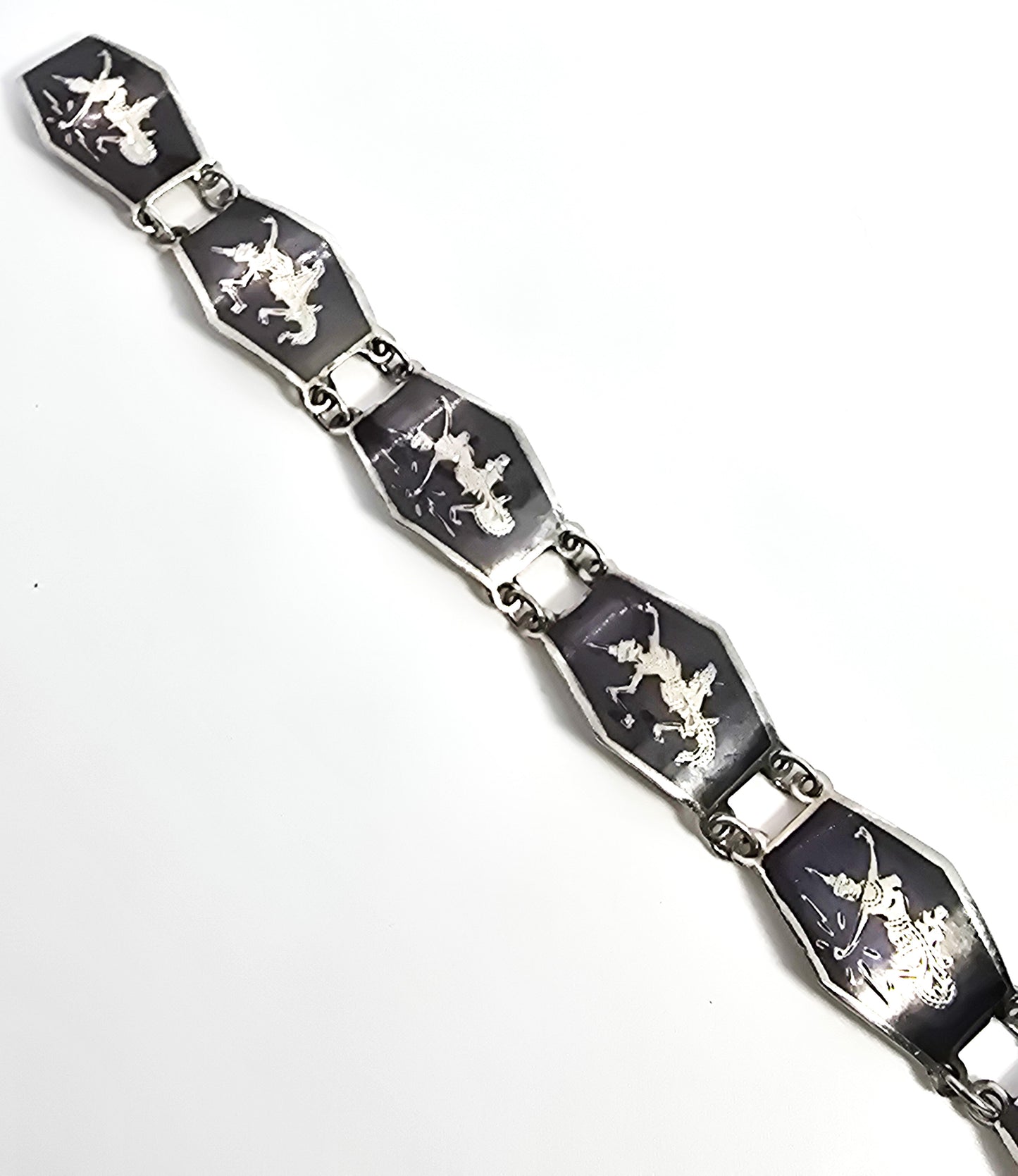 Siam Black Nielloware enamel Mekkala lightening goddess vintage sterling silver bracelet CS