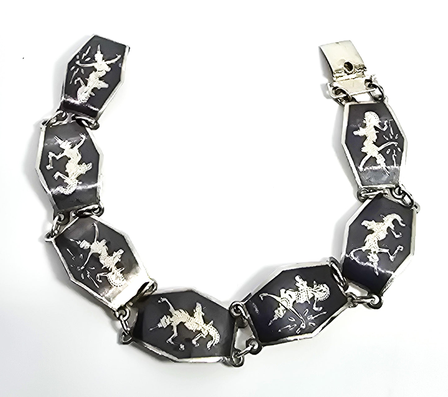Siam Black Nielloware enamel Mekkala lightening goddess vintage sterling silver bracelet CS